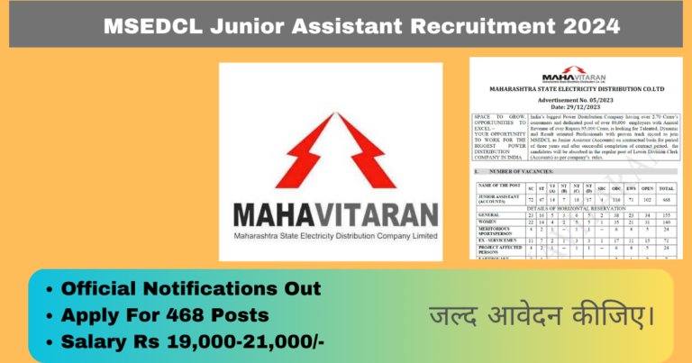 MSEDCL Junior Assistant Recruitment 2024 Apply for 478 Posts