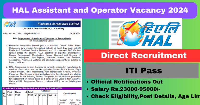 HAL Assistant and Operator Vacancy 2024 ITI Pass Apply Now